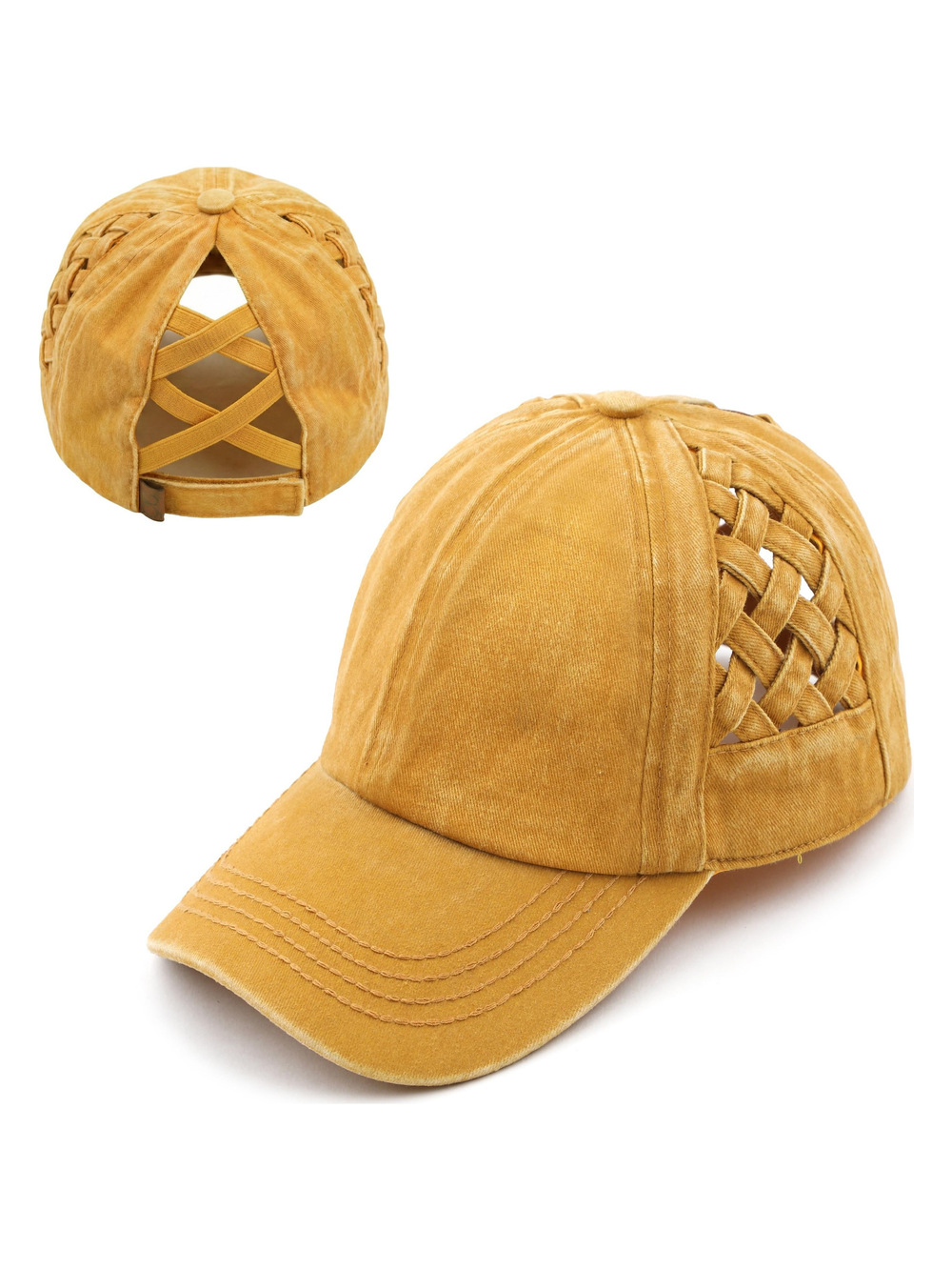 Criss Cross Ponytail Cap, Messy Bun Distressed | Basketweave, Mustard | Size OS